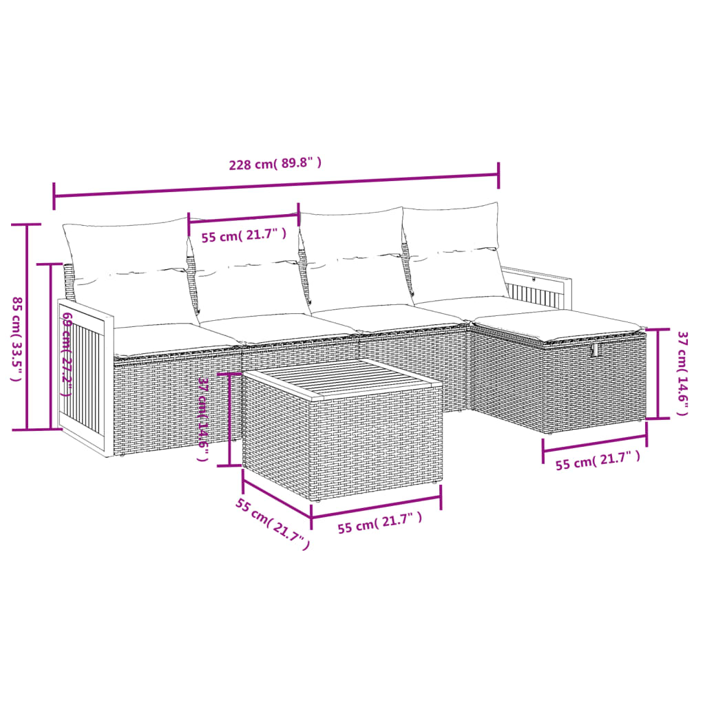 Set mobilier de grădină cu perne, 6 piese, negru, poliratan 3265725 - imagine 4