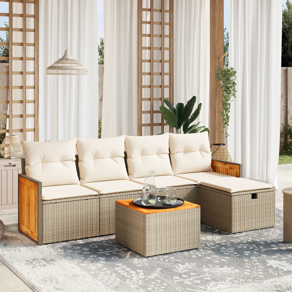 vidaXL 6-tlg. Garten-Sofagarnitur mit Kissen Beige Poly Rattan