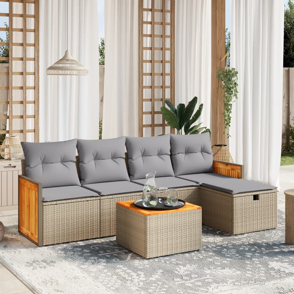 vidaXL 6-tlg. Garten-Sofagarnitur mit Kissen Beige Poly Rattan