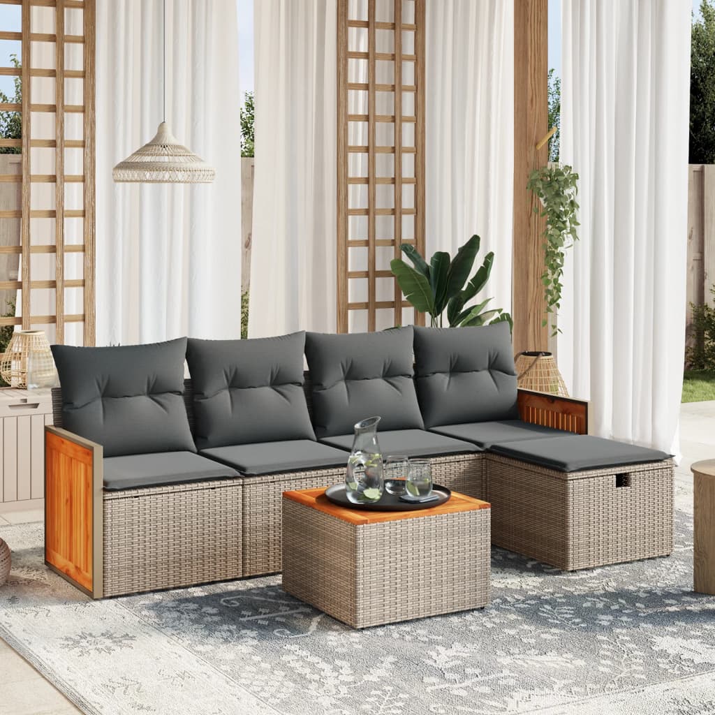 6-tlg. Garten-Sofagarnitur mit Kissen Grau Poly Rattan