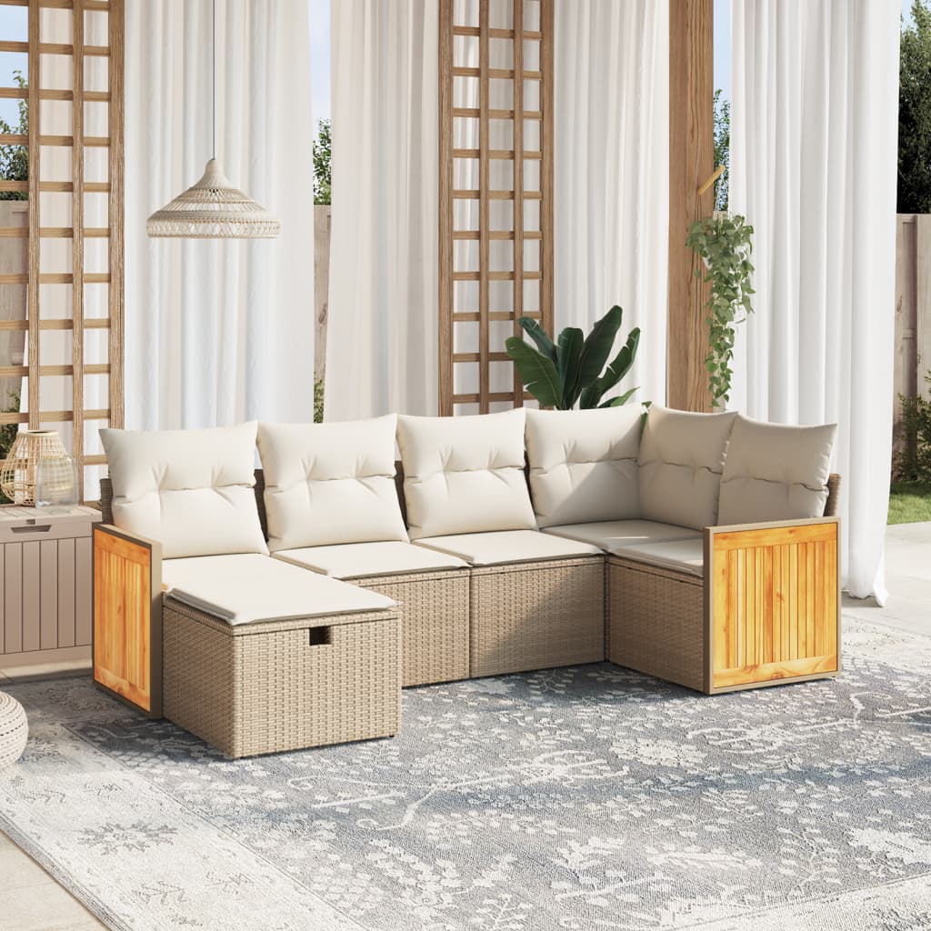 vidaXL 6-tlg. Garten-Sofagarnitur mit Kissen Beige Poly Rattan