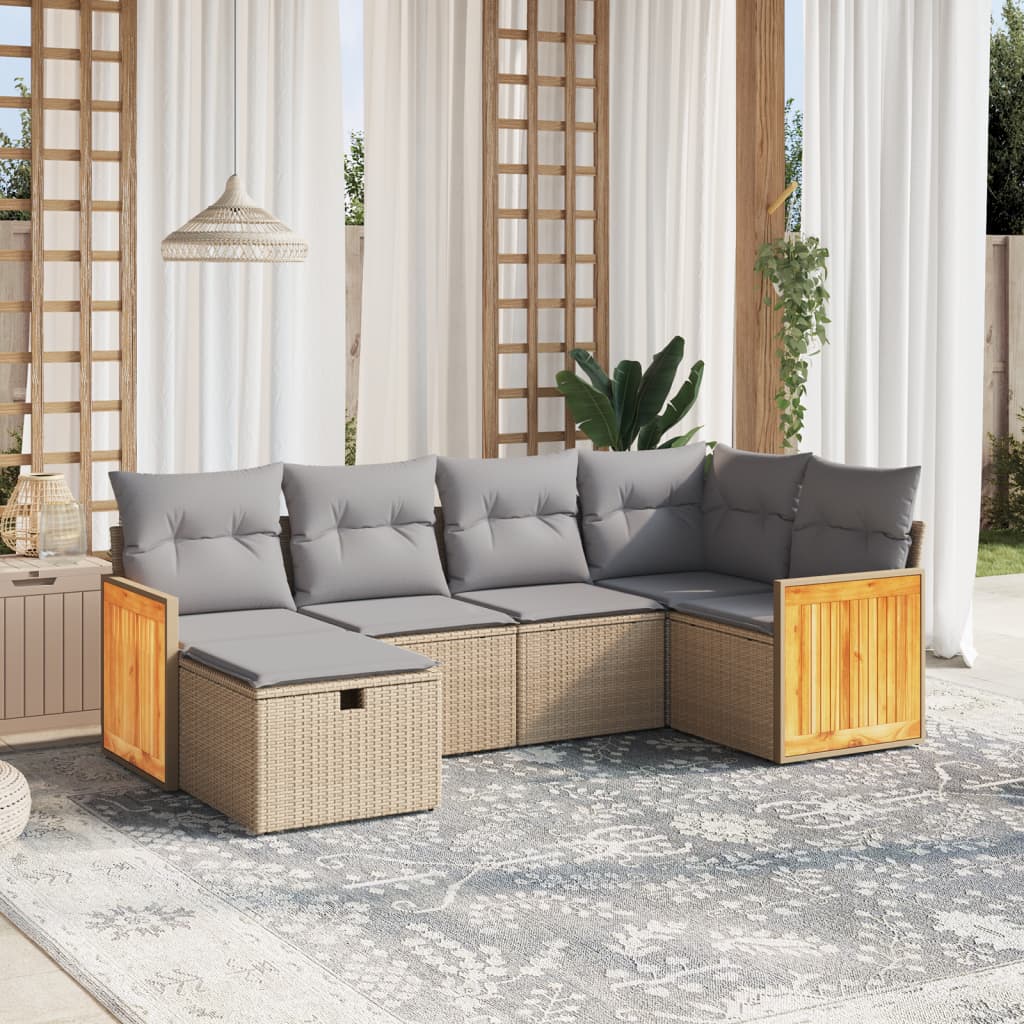 vidaXL 6-tlg. Garten-Sofagarnitur mit Kissen Beige Poly Rattan