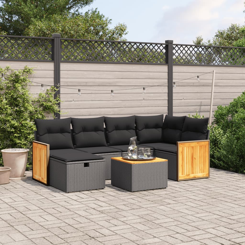 vidaXL 7-tlg. Garten-Sofagarnitur mit Kissen Schwarz Poly Rattan