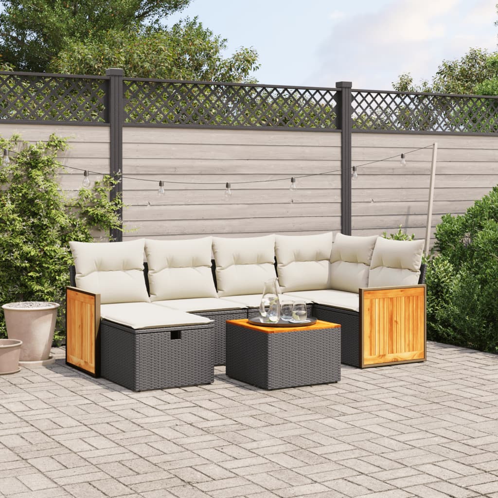 vidaXL 7-tlg. Garten-Sofagarnitur mit Kissen Schwarz Poly Rattan