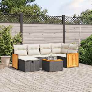 Vrtna sedežna garnitura 7-delna z blazinami črn poli ratan