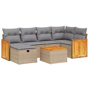 Vrtna sedežna garnitura 7-delna z blazinami bež poli ratan - slika 2