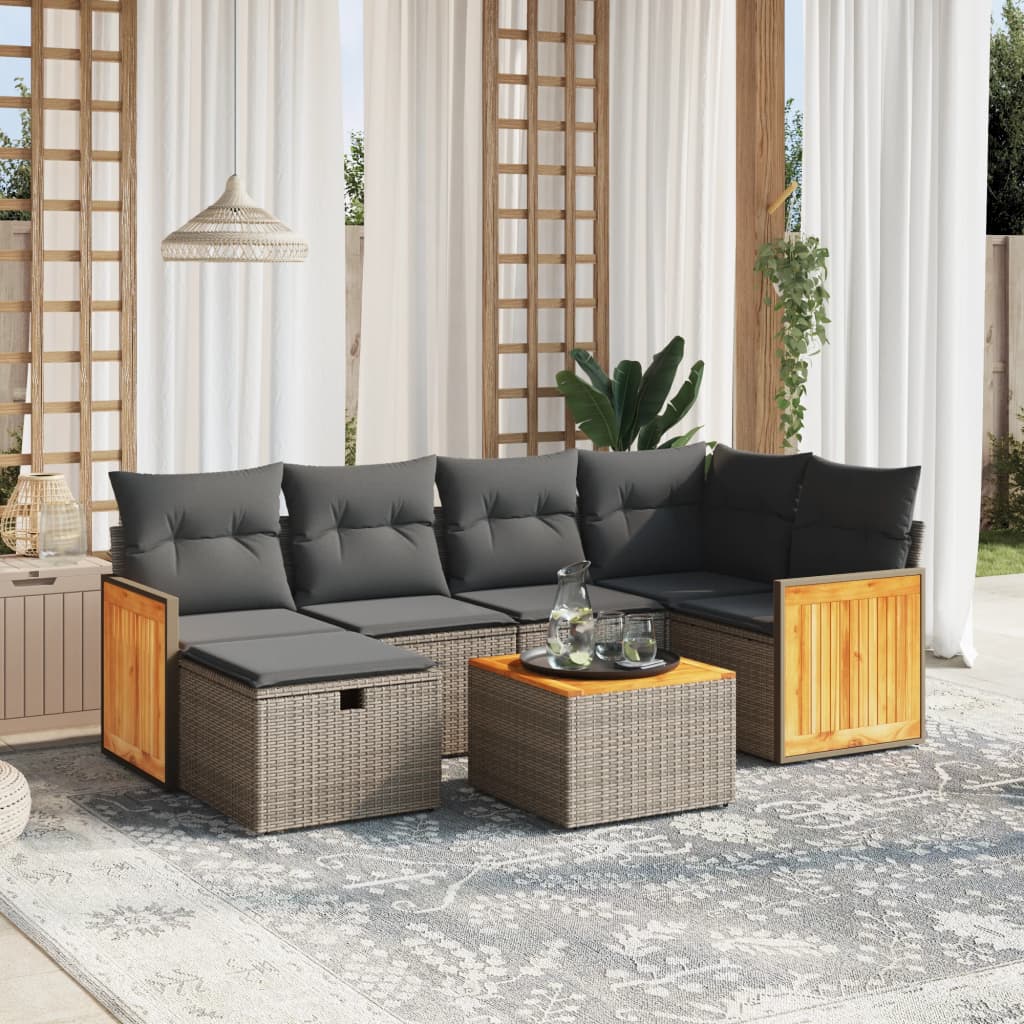 7-tlg. Garten-Sofagarnitur mit Kissen Grau Poly Rattan