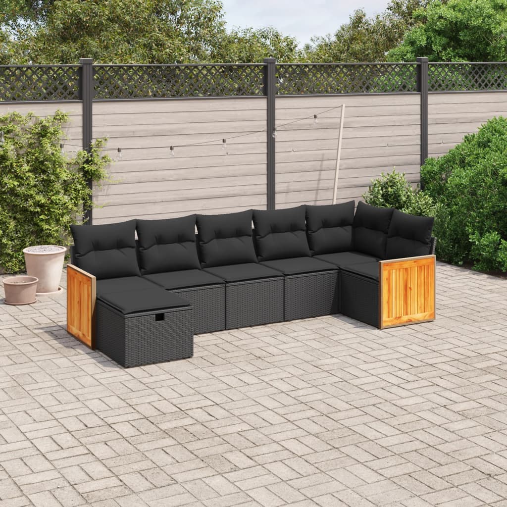 vidaXL 7-tlg. Garten-Sofagarnitur mit Kissen Schwarz Poly Rattan