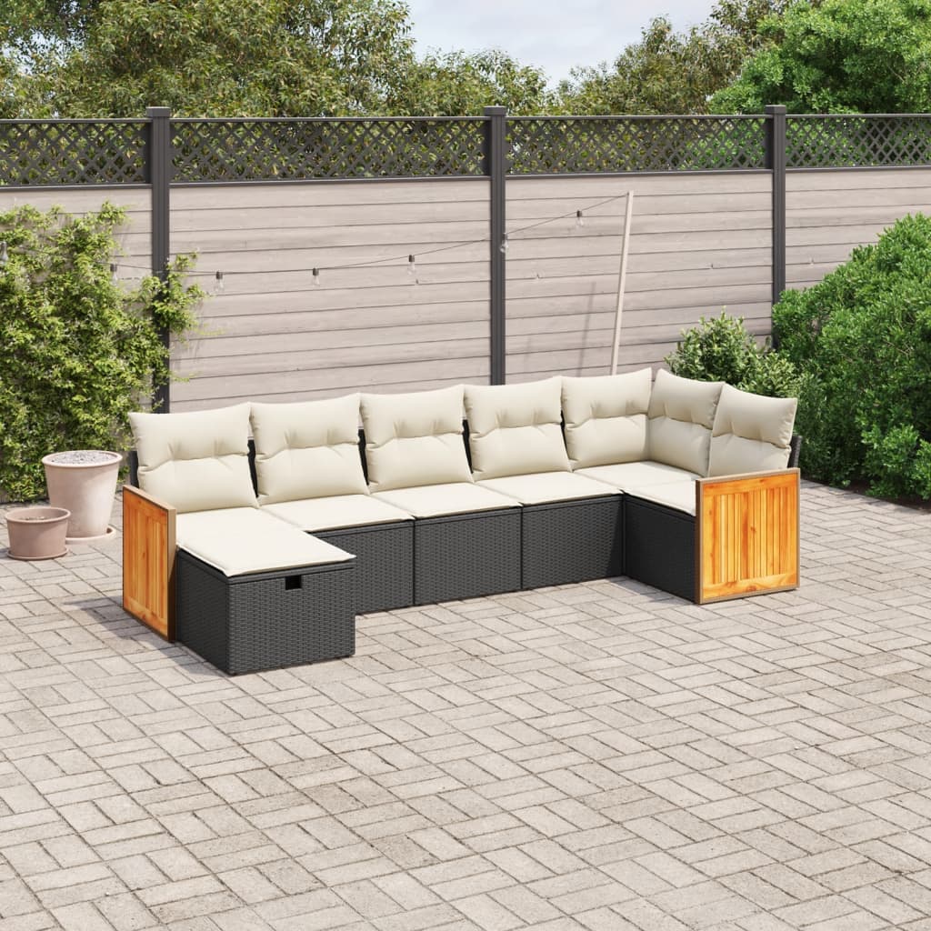 vidaXL 7-tlg. Garten-Sofagarnitur mit Kissen Schwarz Poly Rattan