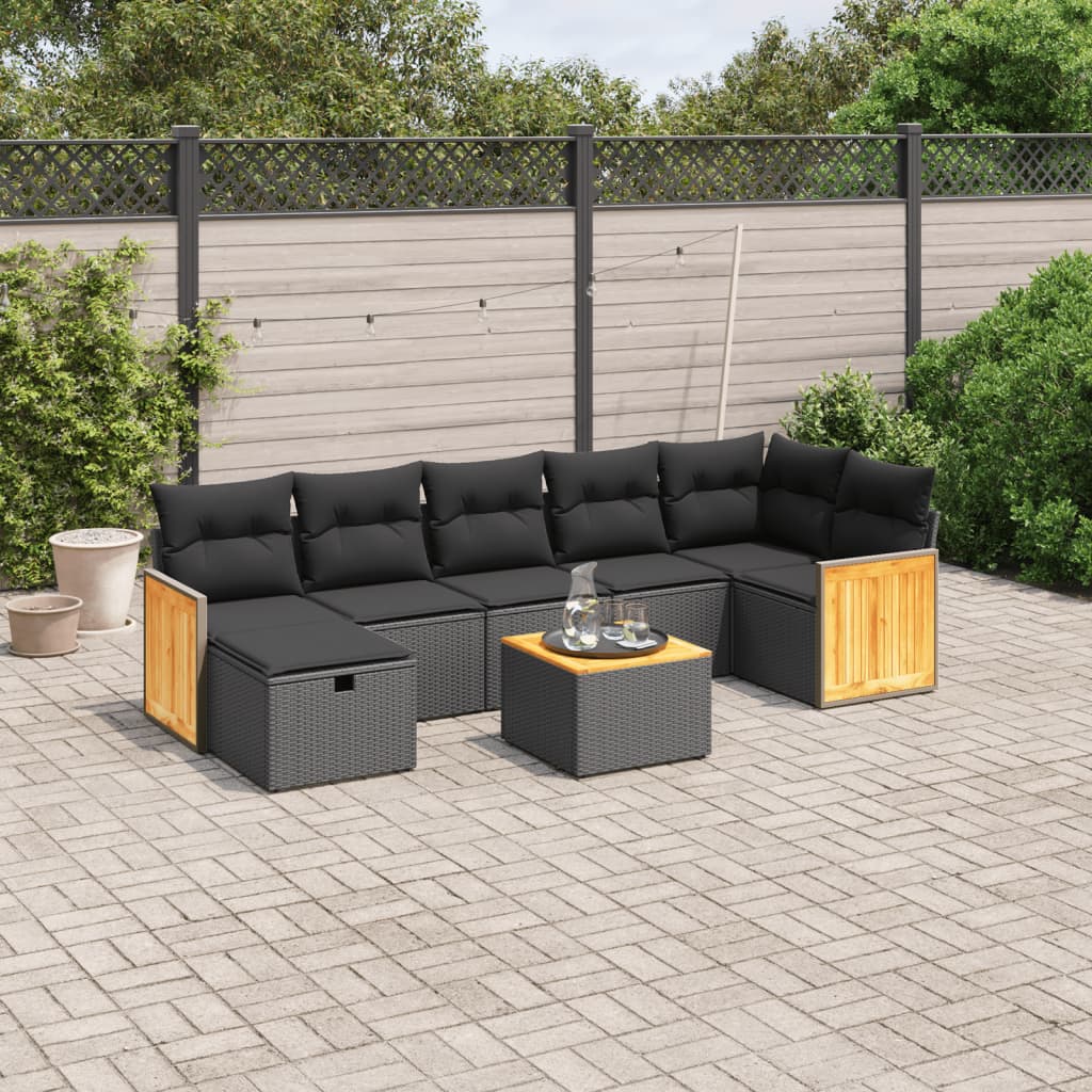 vidaXL 8-tlg. Garten-Sofagarnitur mit Kissen Schwarz Poly Rattan