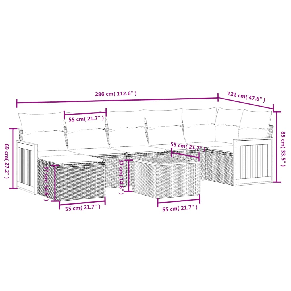 Set mobilier de grădină cu perne, 8 piese, negru, poliratan 3265753 - imagine 4