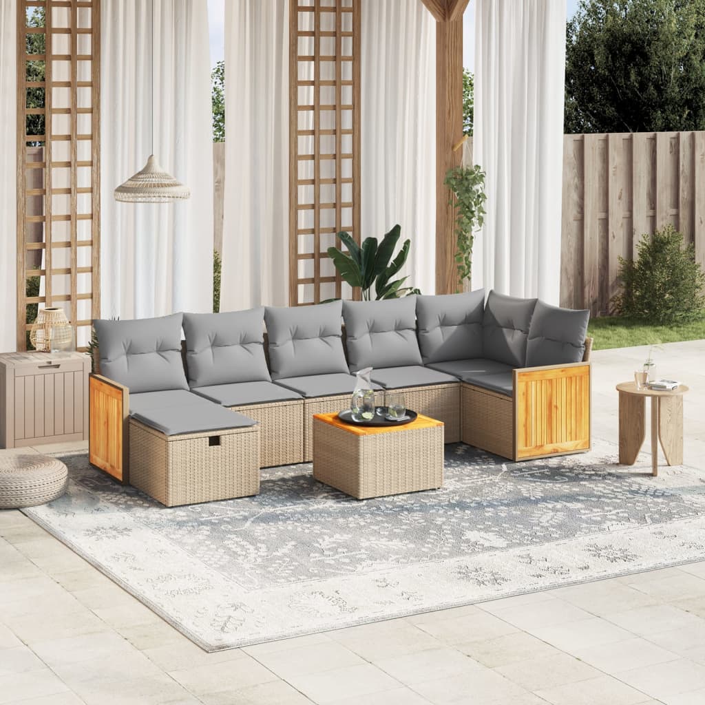 8-tlg. Garten-Sofagarnitur mit Kissen Beige Poly Rattan