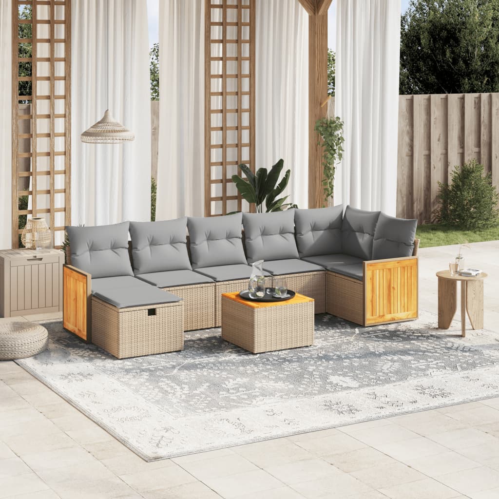 vidaXL 8-tlg. Garten-Sofagarnitur mit Kissen Beige Poly Rattan