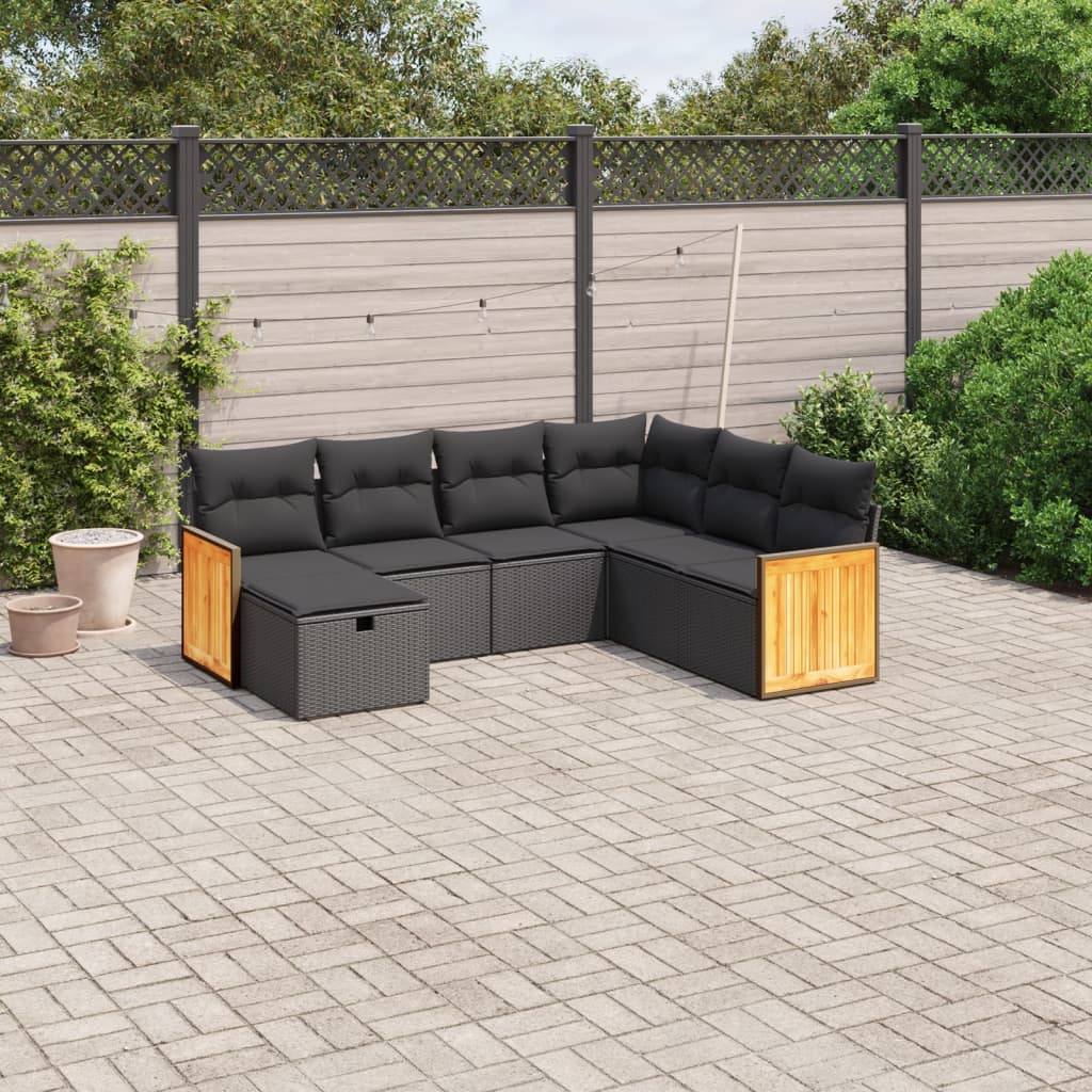 vidaXL 7-tlg. Garten-Sofagarnitur mit Kissen Schwarz Poly Rattan