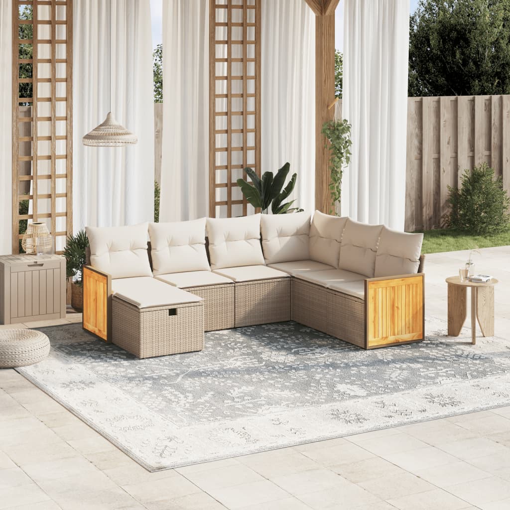 vidaXL 7-tlg. Garten-Sofagarnitur mit Kissen Beige Poly Rattan