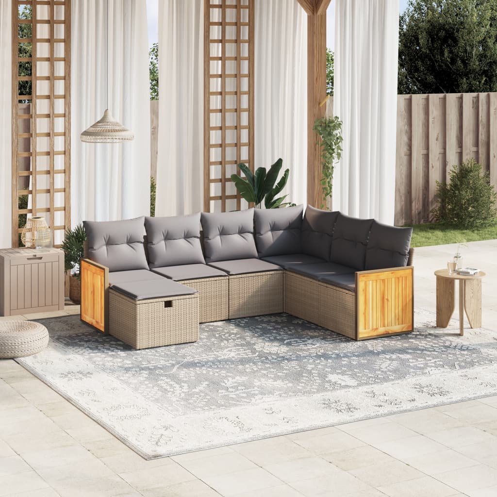 vidaXL 7-tlg. Garten-Sofagarnitur mit Kissen Beige Poly Rattan