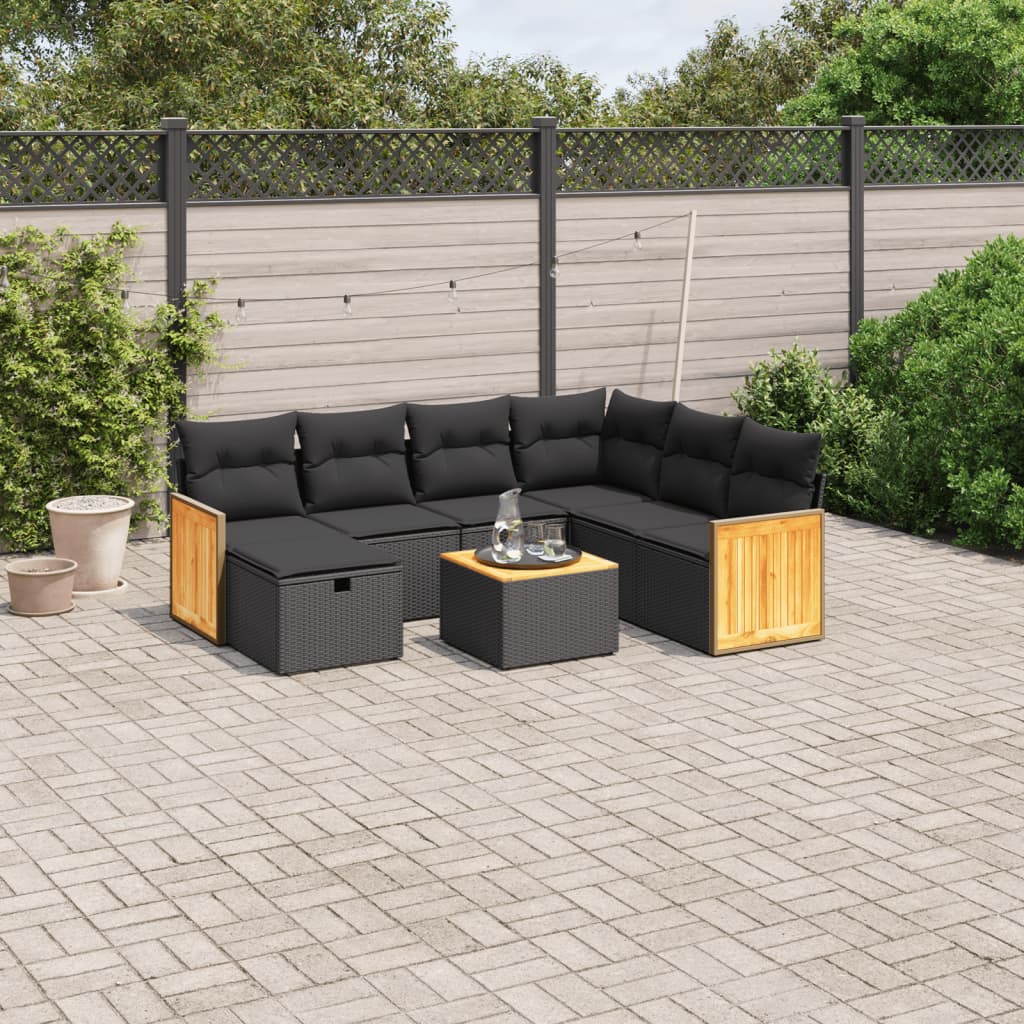 vidaXL 8-tlg. Garten-Sofagarnitur mit Kissen Schwarz Poly Rattan