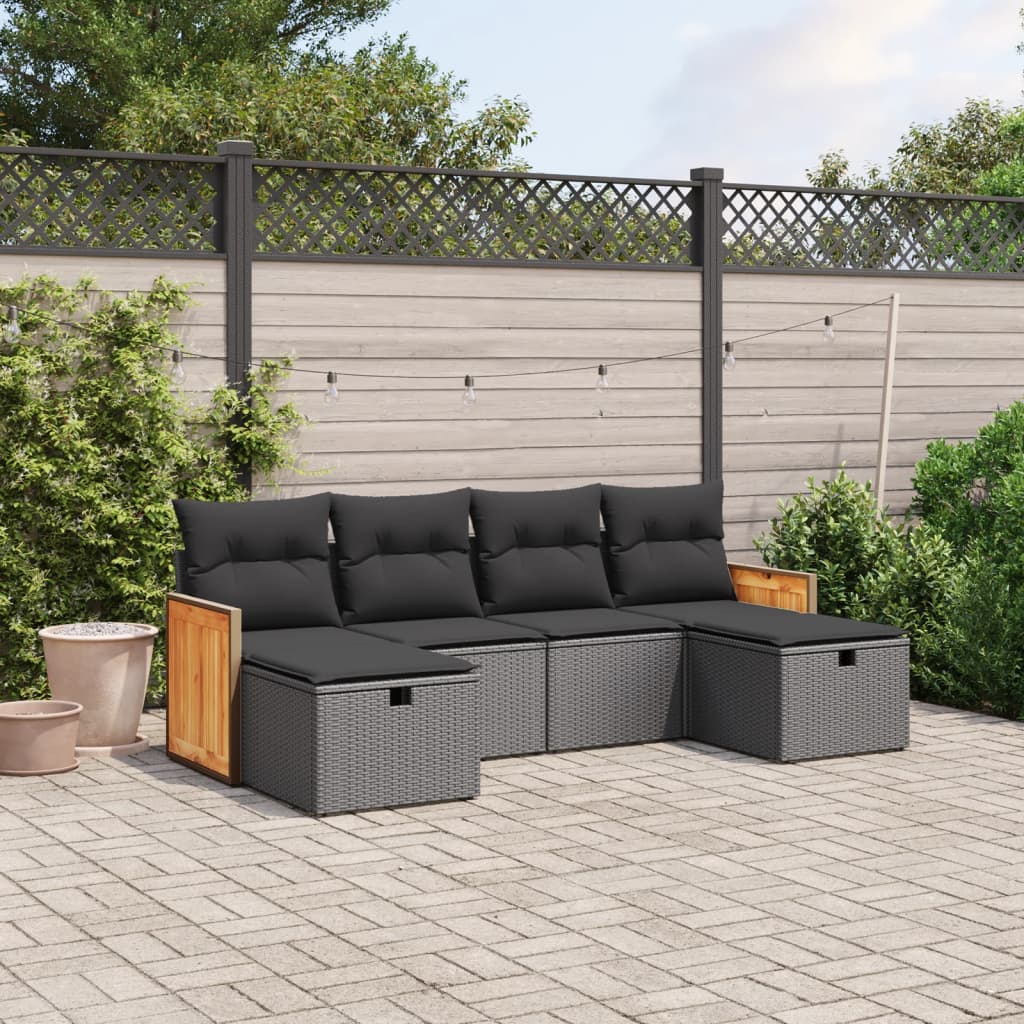 vidaXL 6-tlg. Garten-Sofagarnitur mit Kissen Schwarz Poly Rattan