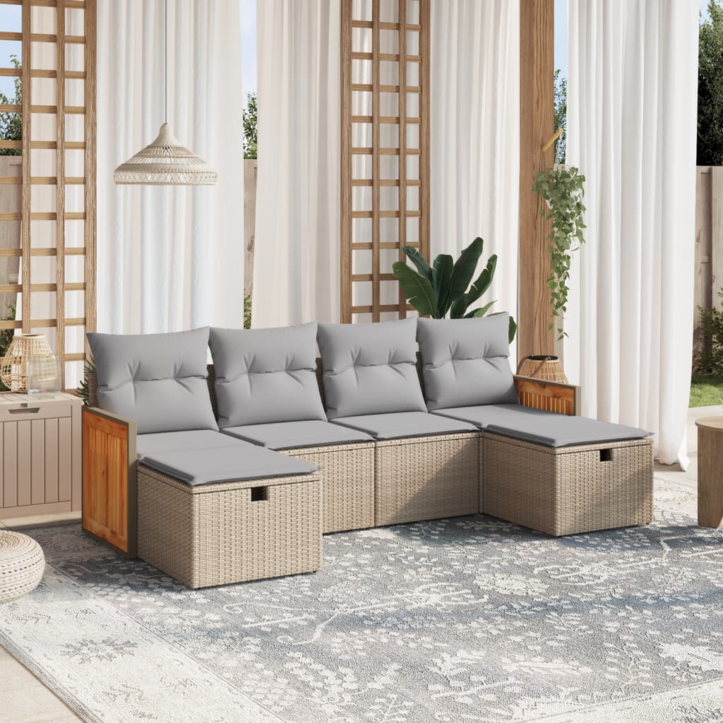 vidaXL 6-tlg. Garten-Sofagarnitur mit Kissen Beige Poly Rattan