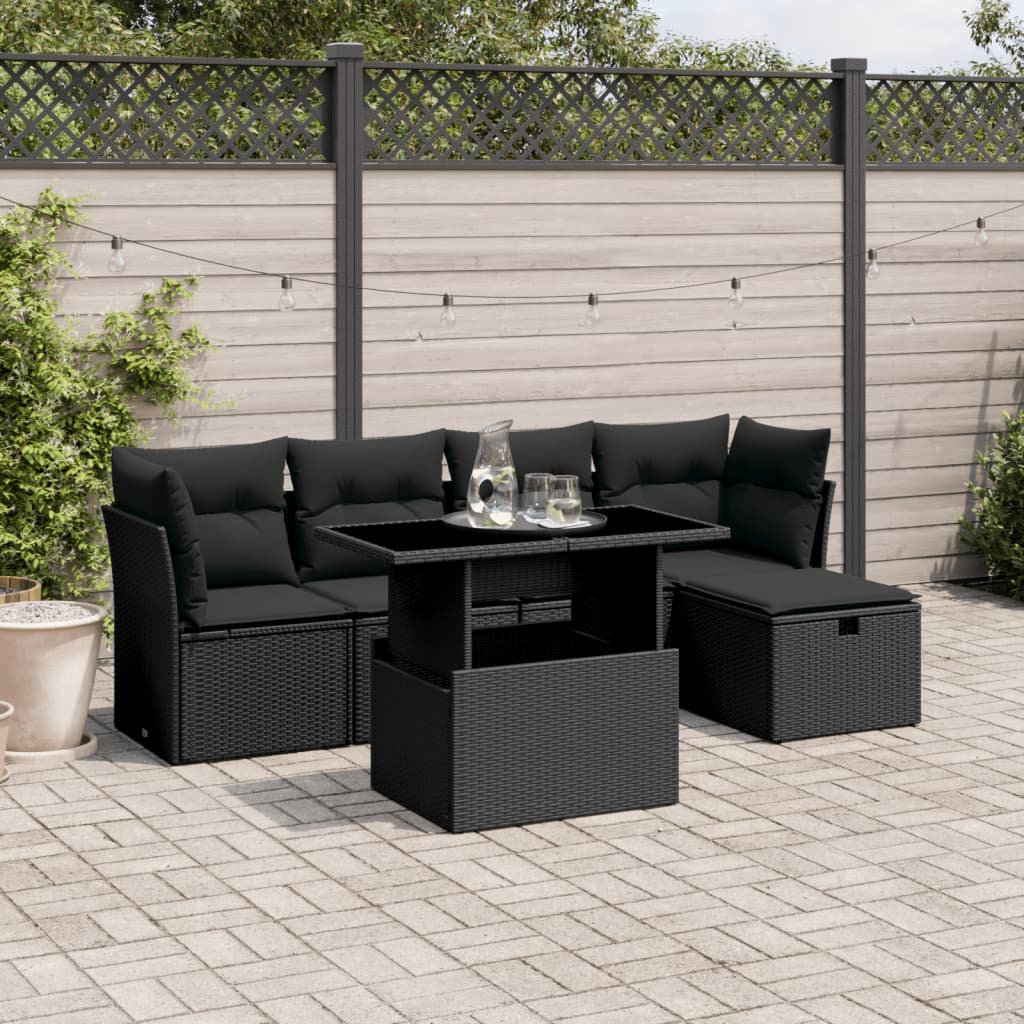 vidaXL Set mobilier de grădină cu perne, 6 piese, negru, poliratan