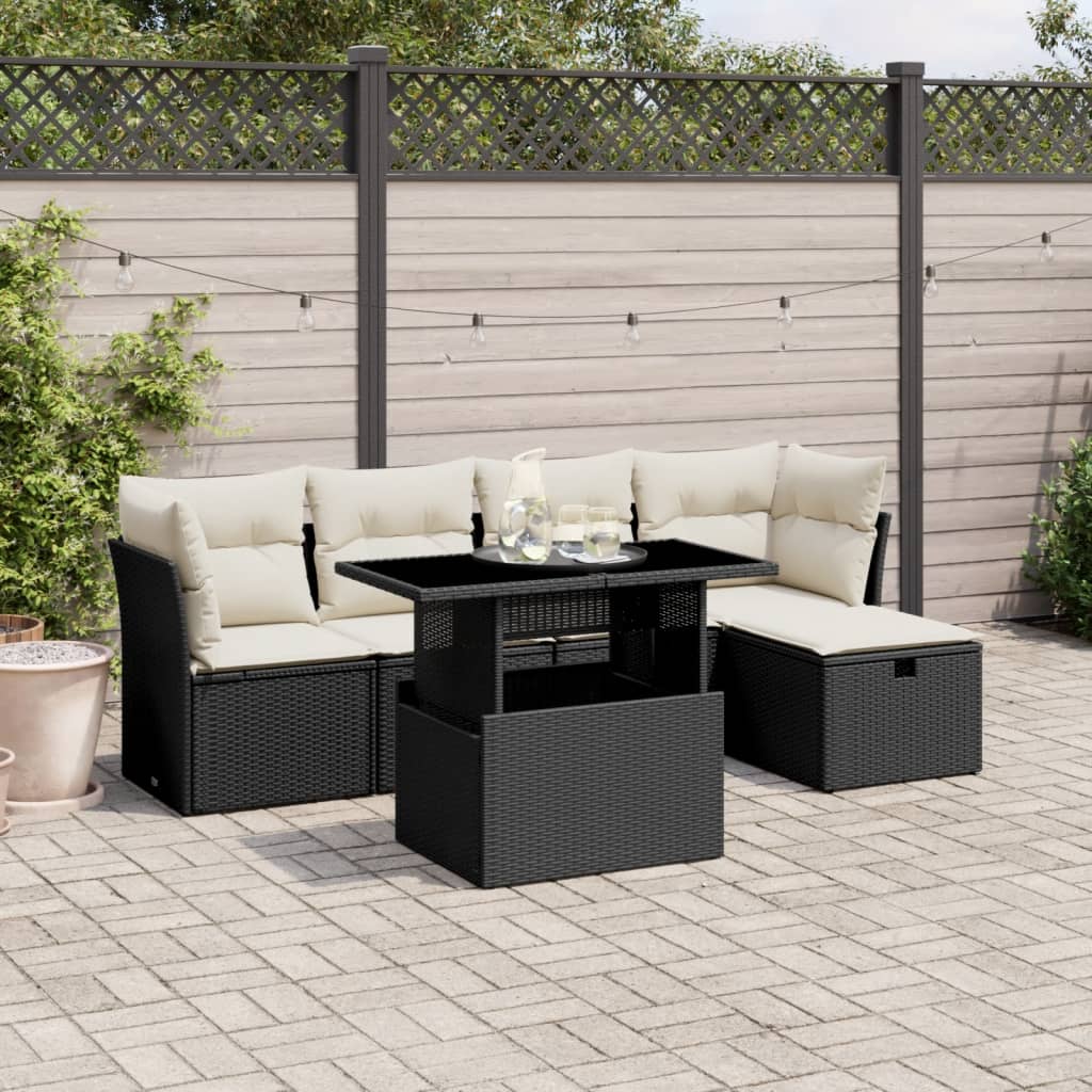 vidaXL 6-tlg. Garten-Sofagarnitur mit Kissen Schwarz Poly Rattan