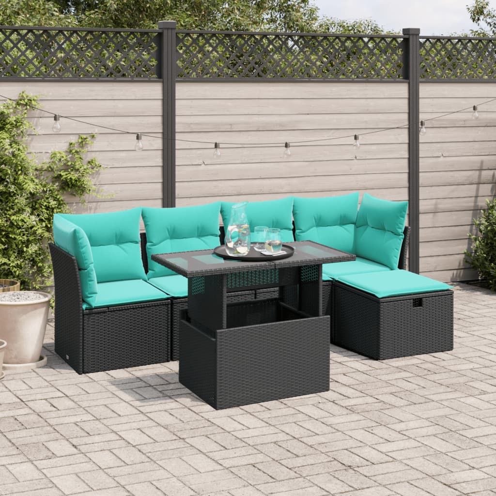 vidaXL 6-teiliges Gartensofa-Set mit Kissen, schwarzes Polyrattan