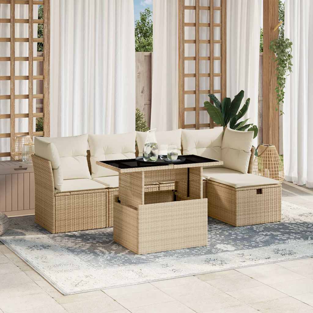 vidaXL 6-tlg. Garten-Sofagarnitur mit Kissen Beige Poly Rattan