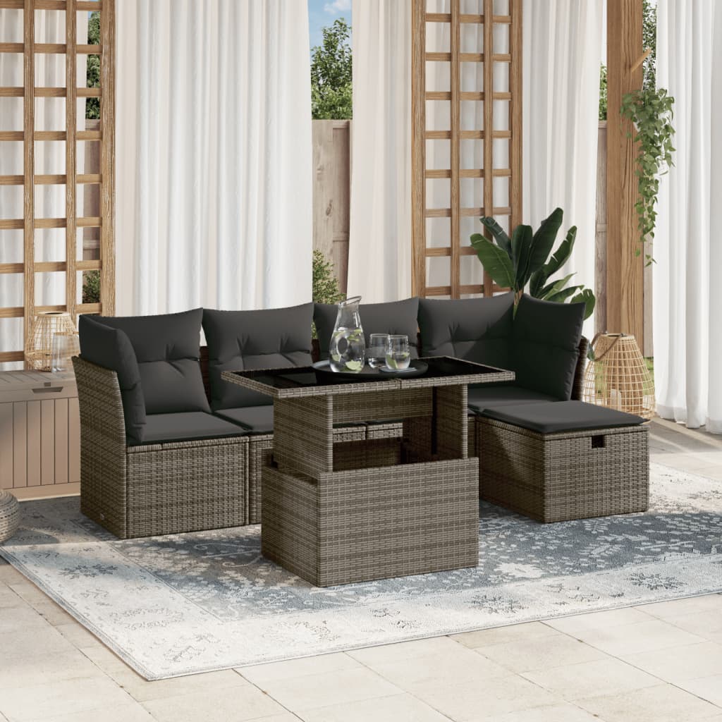 vidaXL 6-tlg. Garten-Sofagarnitur mit Kissen Grau Poly Rattan