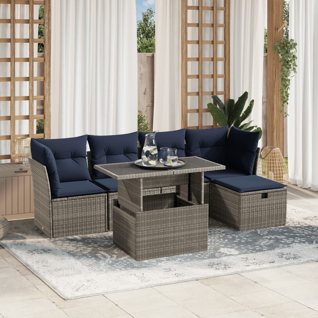 Havesofasæt i grå polyrattan med hynder - 6 dele, løftbart bord