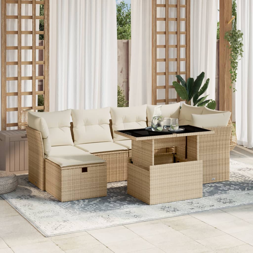 vidaXL 7-tlg. Garten-Sofagarnitur mit Kissen Beige Poly Rattan