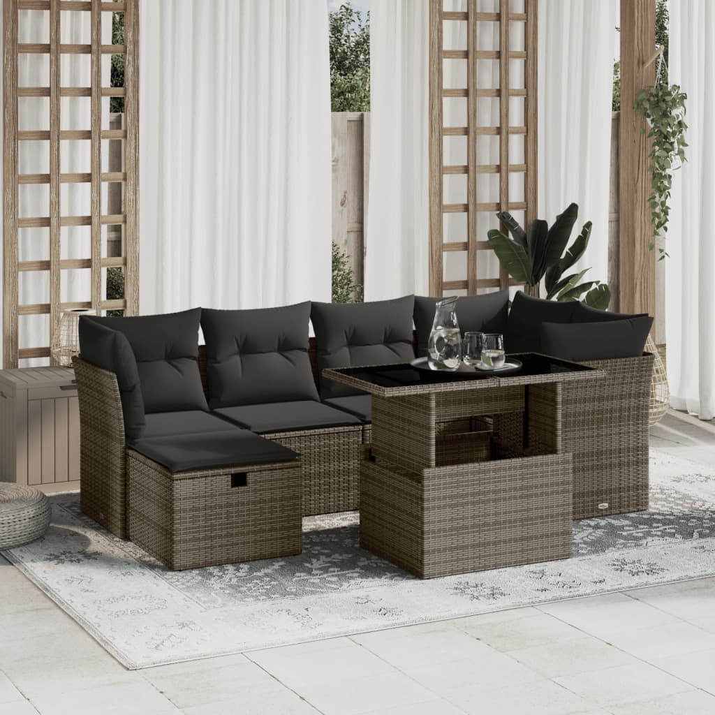 vidaXL 7-tlg. Garten-Sofagarnitur mit Kissen Grau Poly Rattan