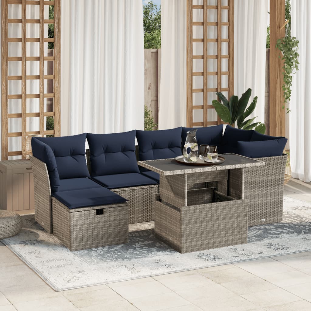 Havesofasæt i grå polyrattan - 7 dele med marineblå hynder og hæve/sænke-bord