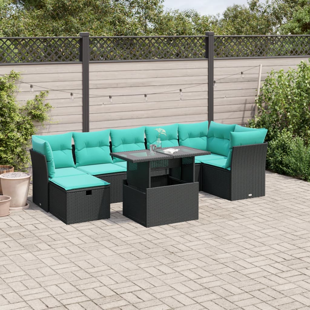 8-delige tuinbankset met kussens, zwart polyrotan – afbeelding 1