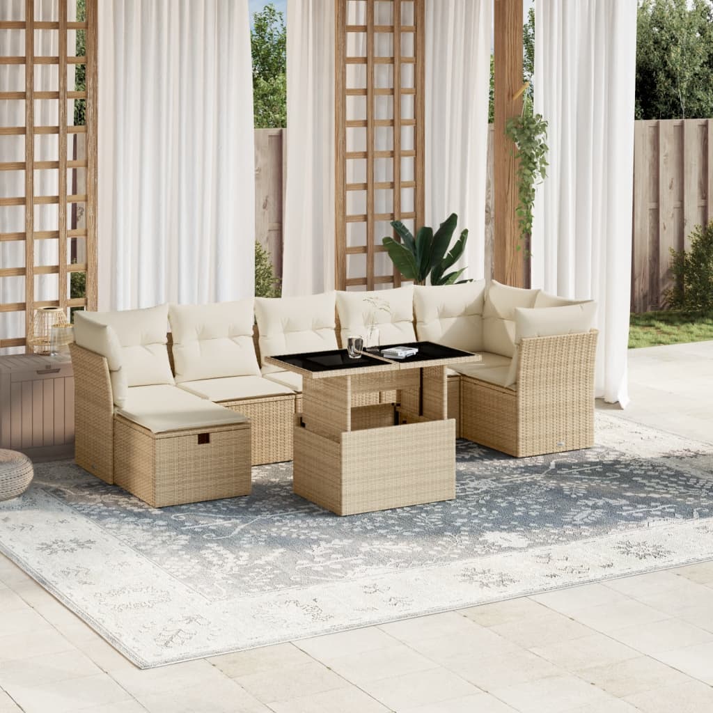 vidaXL 8-tlg. Garten-Sofagarnitur mit Kissen Beige Poly Rattan