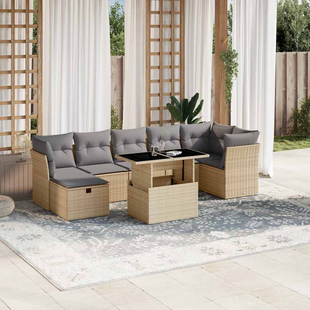 vidaXL 8-tlg. Garten-Sofagarnitur mit Kissen Beige Poly Rattan