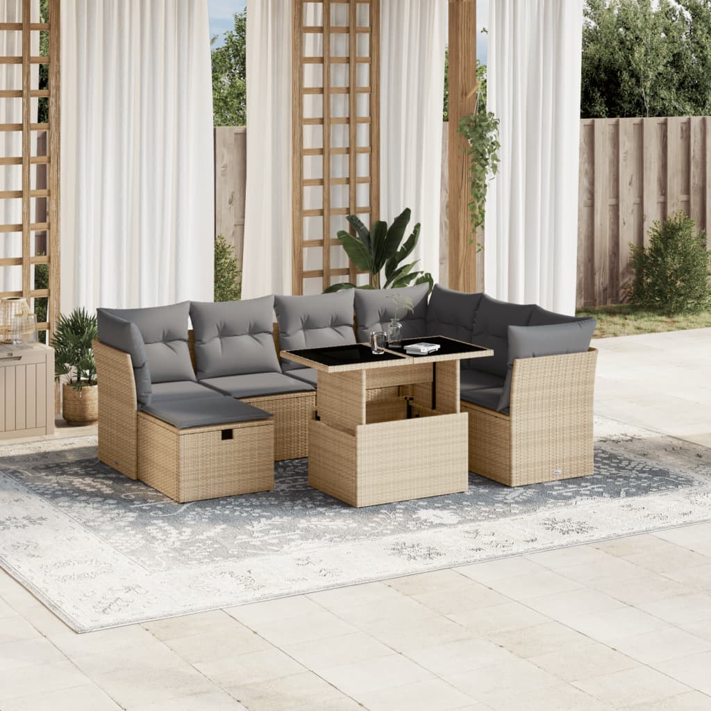 8-tlg. Garten-Sofagarnitur mit Kissen Beige Poly Rattan