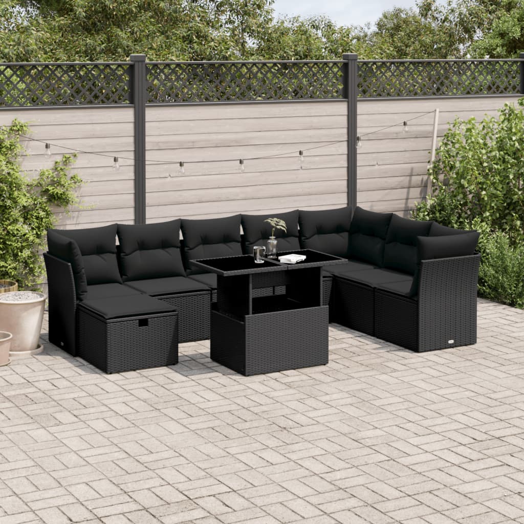 vidaXL Set mobilier de grădină cu perne, 9 piese, negru, poliratan