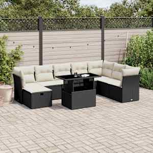 Vrtna sedežna garnitura 9-delna z blazinami črn poli ratan