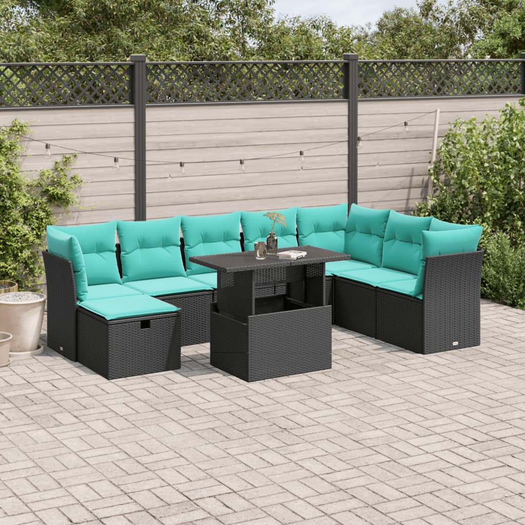 vidaXL 9-teiliges Gartensofa-Set mit Kissen, schwarzes Polyrattan