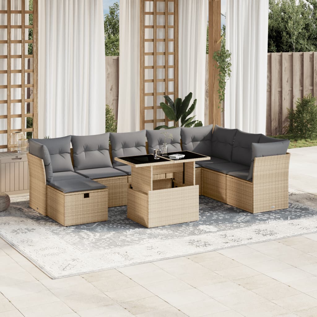 vidaXL 9-tlg. Garten-Sofagarnitur mit Kissen Beige Poly Rattan