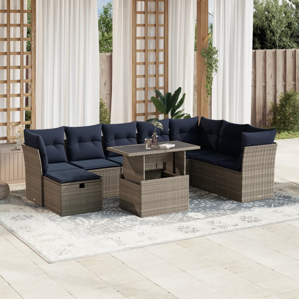 Havesofasæt i grå polyrattan med hynder - 9 dele, løftbart bord