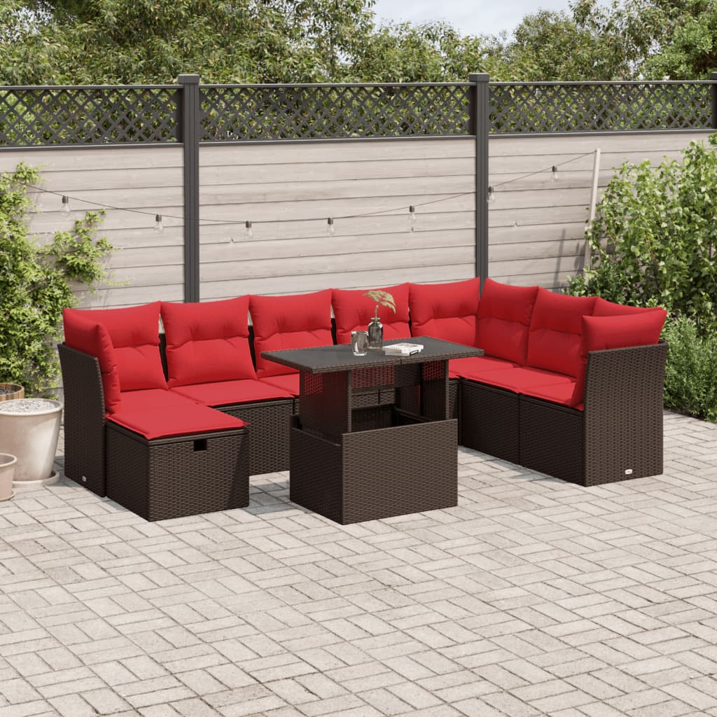 vidaXL 9-teiliges Gartensofa-Set mit Kissen, braun, Polyrattan