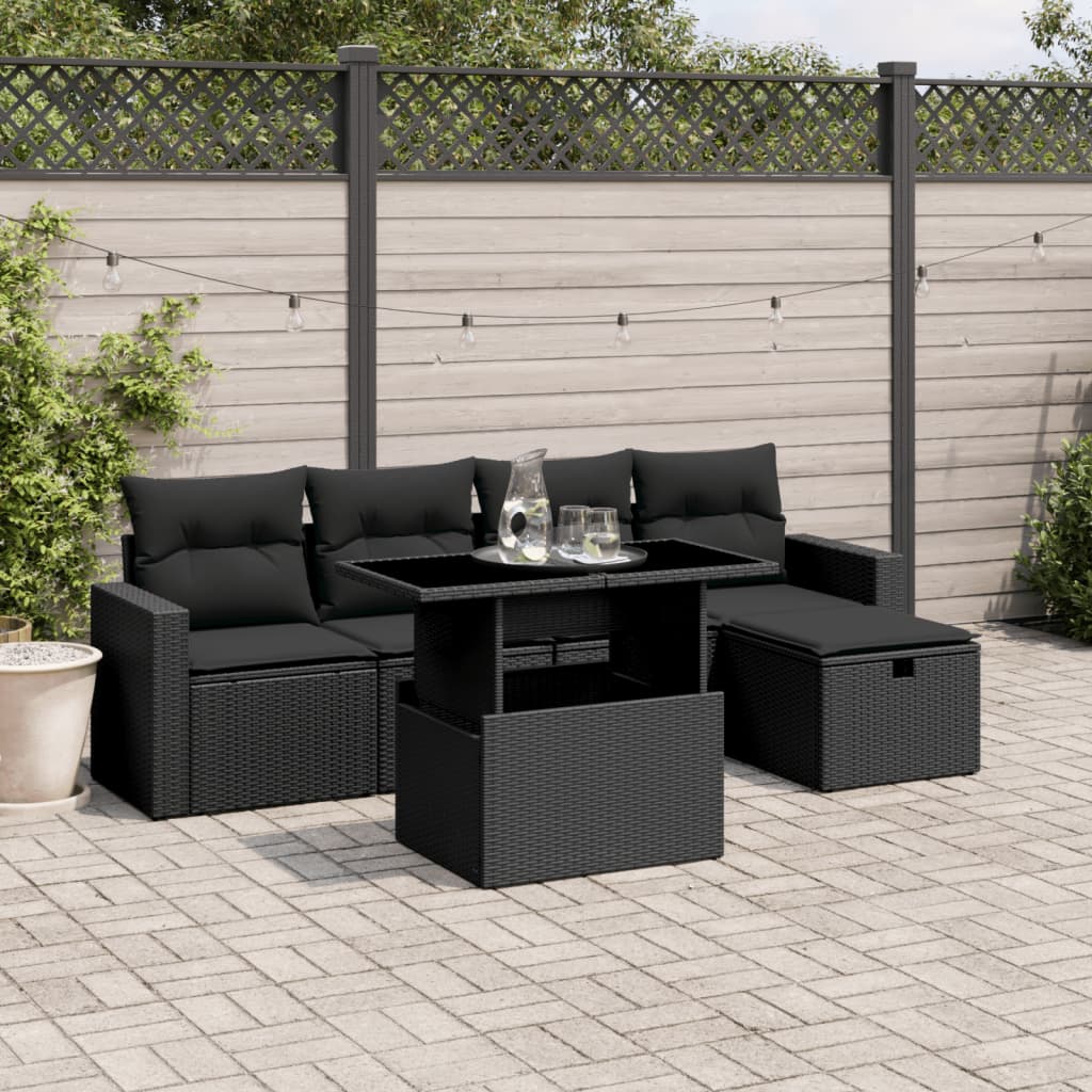 vidaXL Set mobilier de grădină cu perne, 6 piese, negru, poliratan