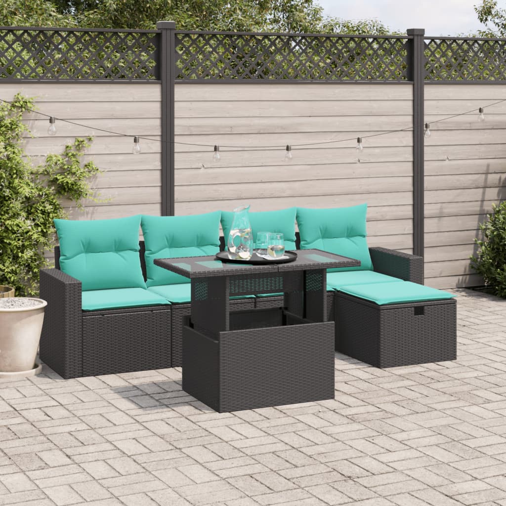 vidaXL 6-teiliges Gartensofa-Set mit Kissen, schwarzes Polyrattan