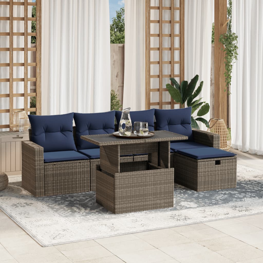 vidaXL 6-teiliges Gartensofa-Set mit Kissen, grau, Polyrattan