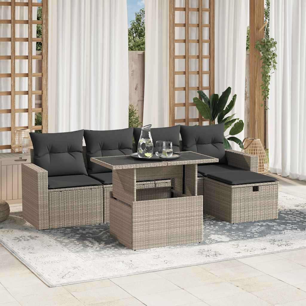 vidaXL 6-tlg. Garten-Sofagarnitur mit Kissen Hellgrau Poly Rattan