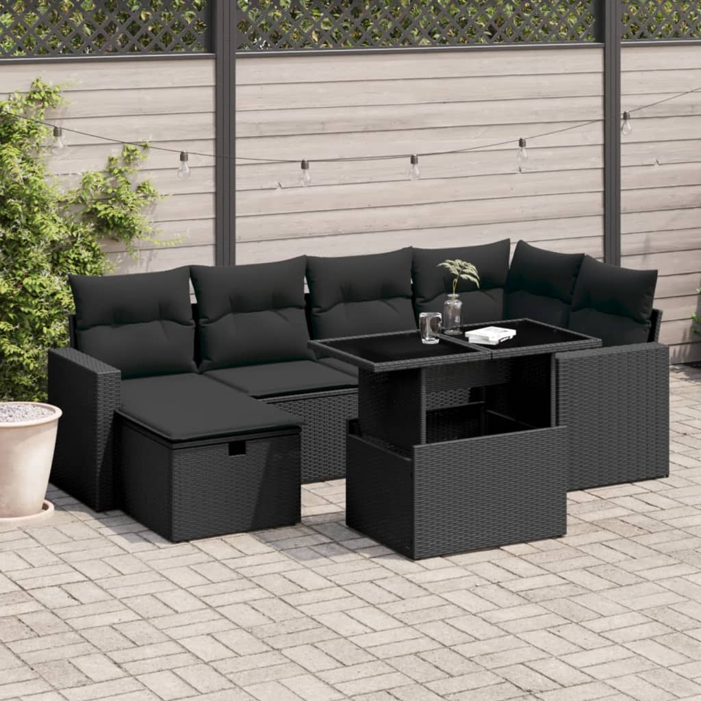 vidaXL 7-tlg. Garten-Sofagarnitur mit Kissen Schwarz Poly Rattan