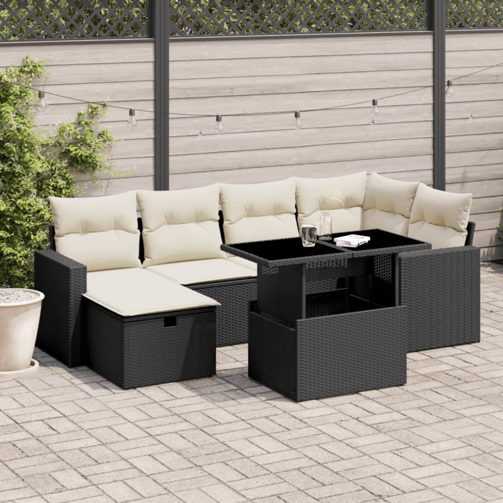 vidaXL 7-tlg. Garten-Sofagarnitur mit Kissen Schwarz Poly Rattan