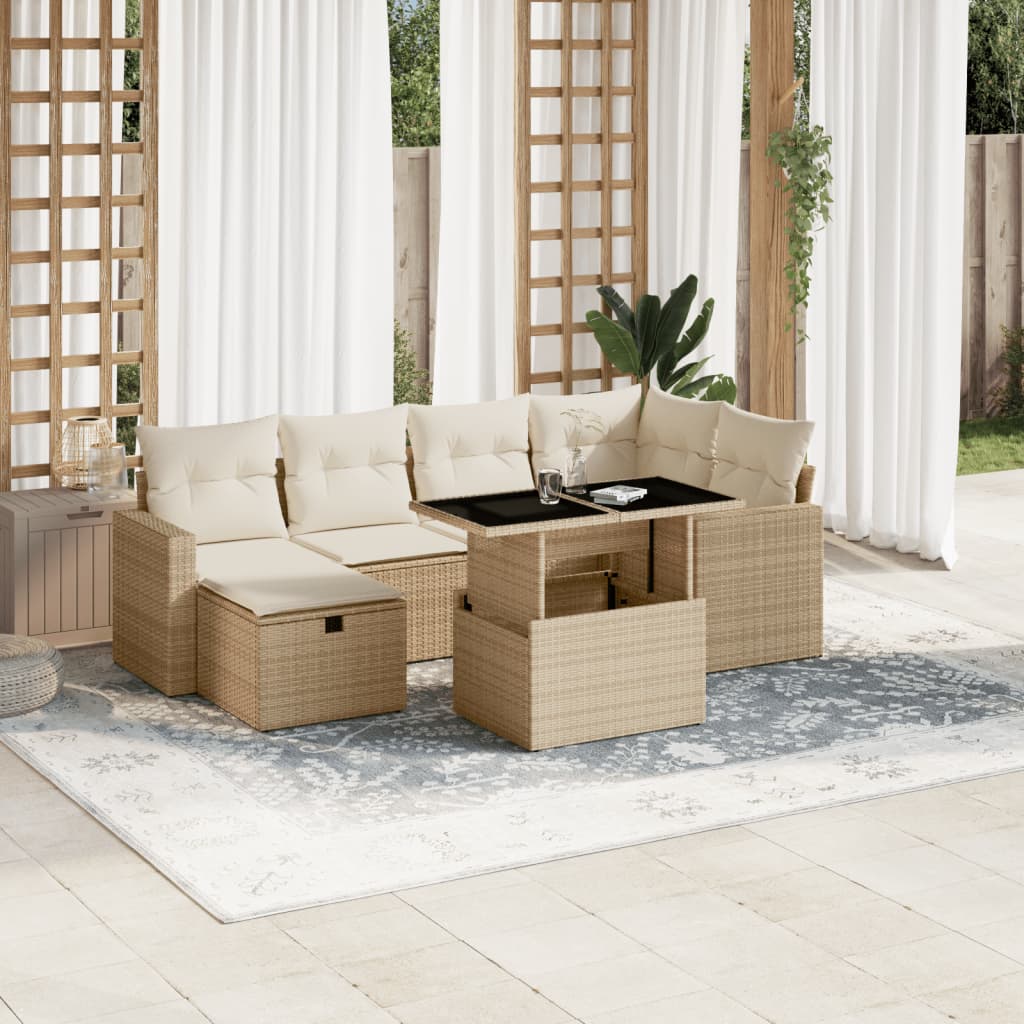 vidaXL 7-tlg. Garten-Sofagarnitur mit Kissen Beige Poly Rattan