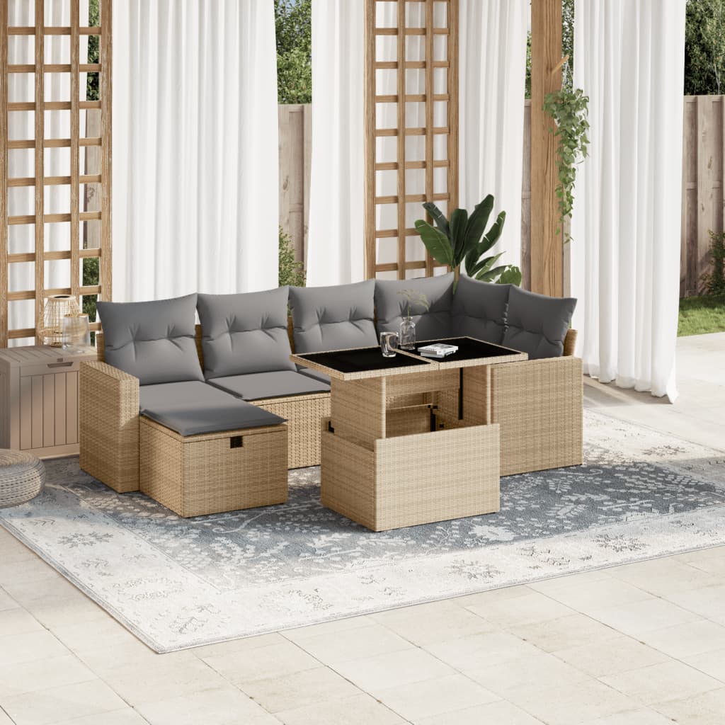 vidaXL 7-tlg. Garten-Sofagarnitur mit Kissen Beige Poly Rattan